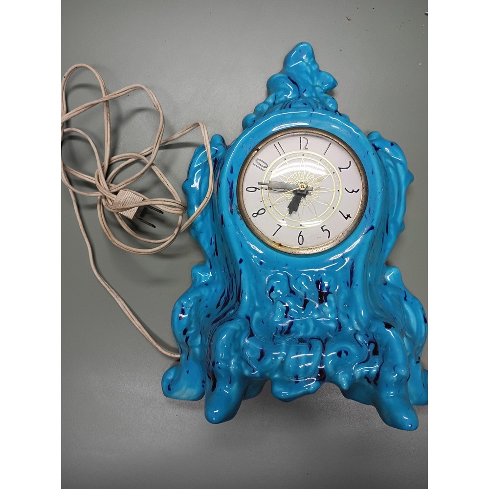 Vintage 1973 Lydia Bates Ceramic Mantle Clock Turquoise Blue Lanshire Electric
